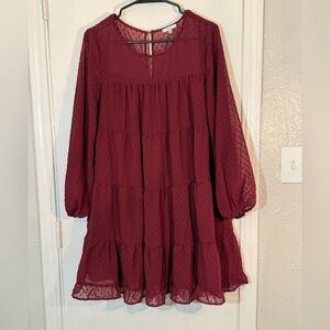 JODIFL Burgundy Swiss Dot Tiered Dress Size S
